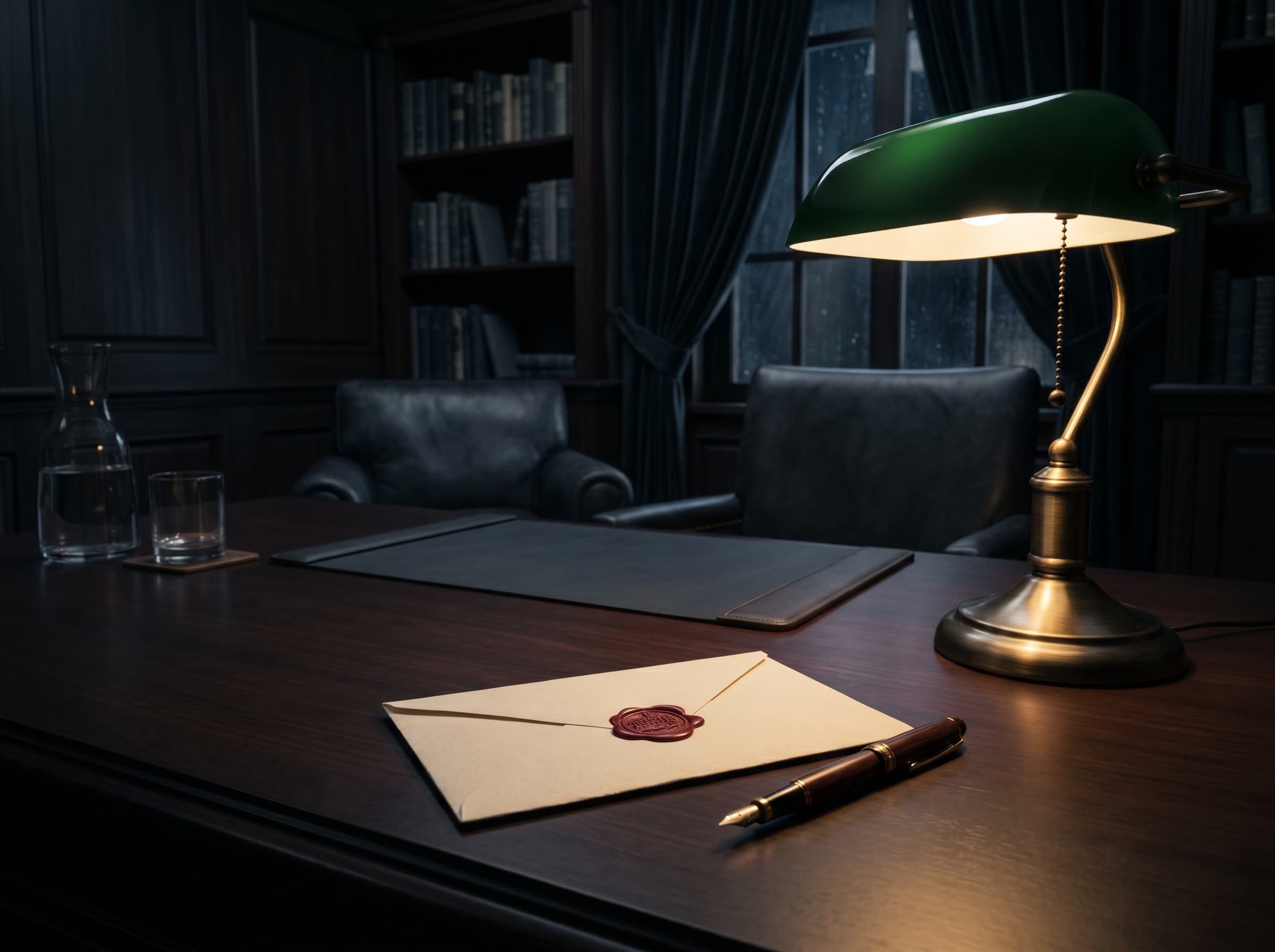 Dimly lit signing room with sealed envelope and banker's lamp.