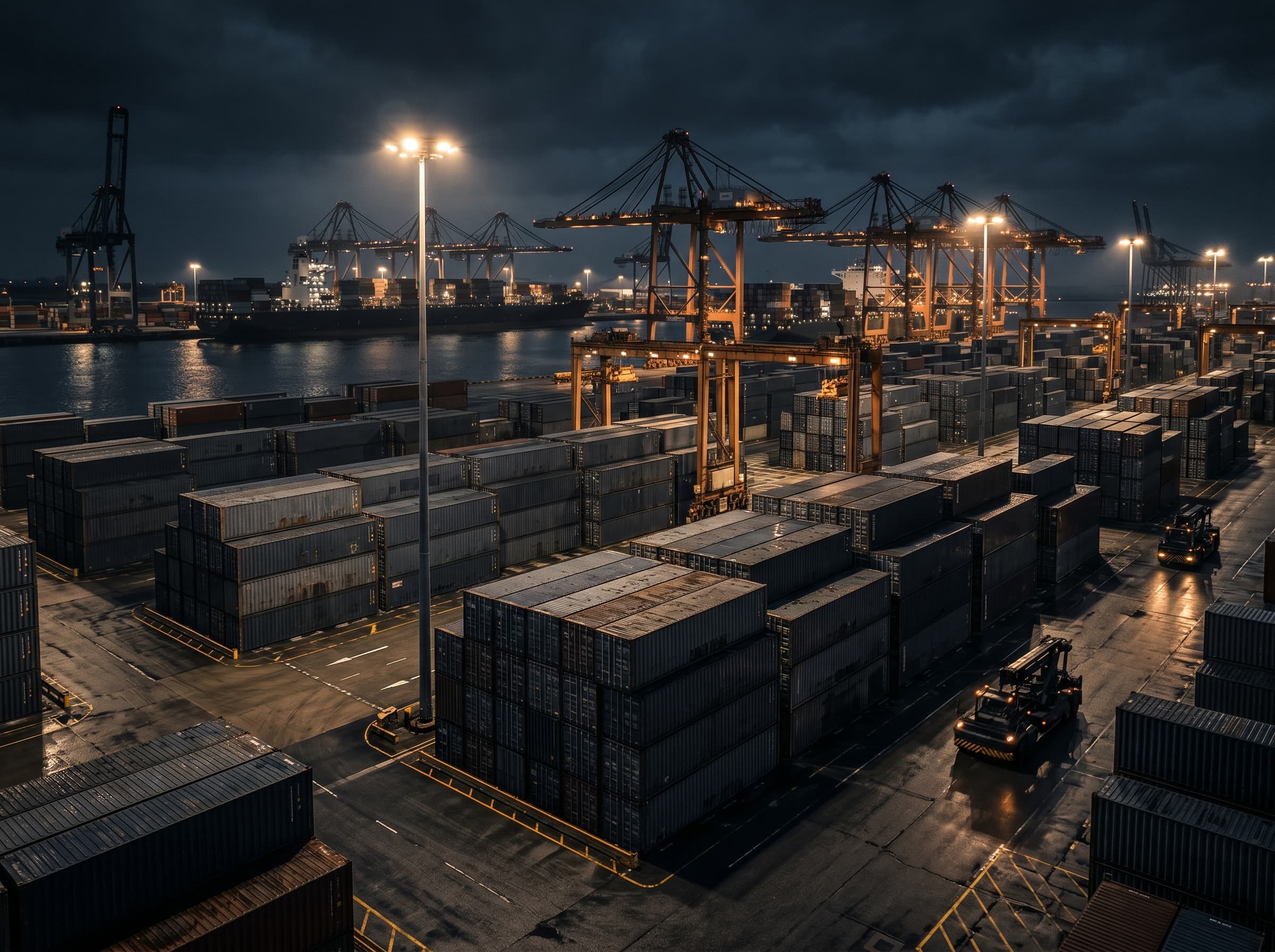 Port and logistics terminal with cargo cranes.