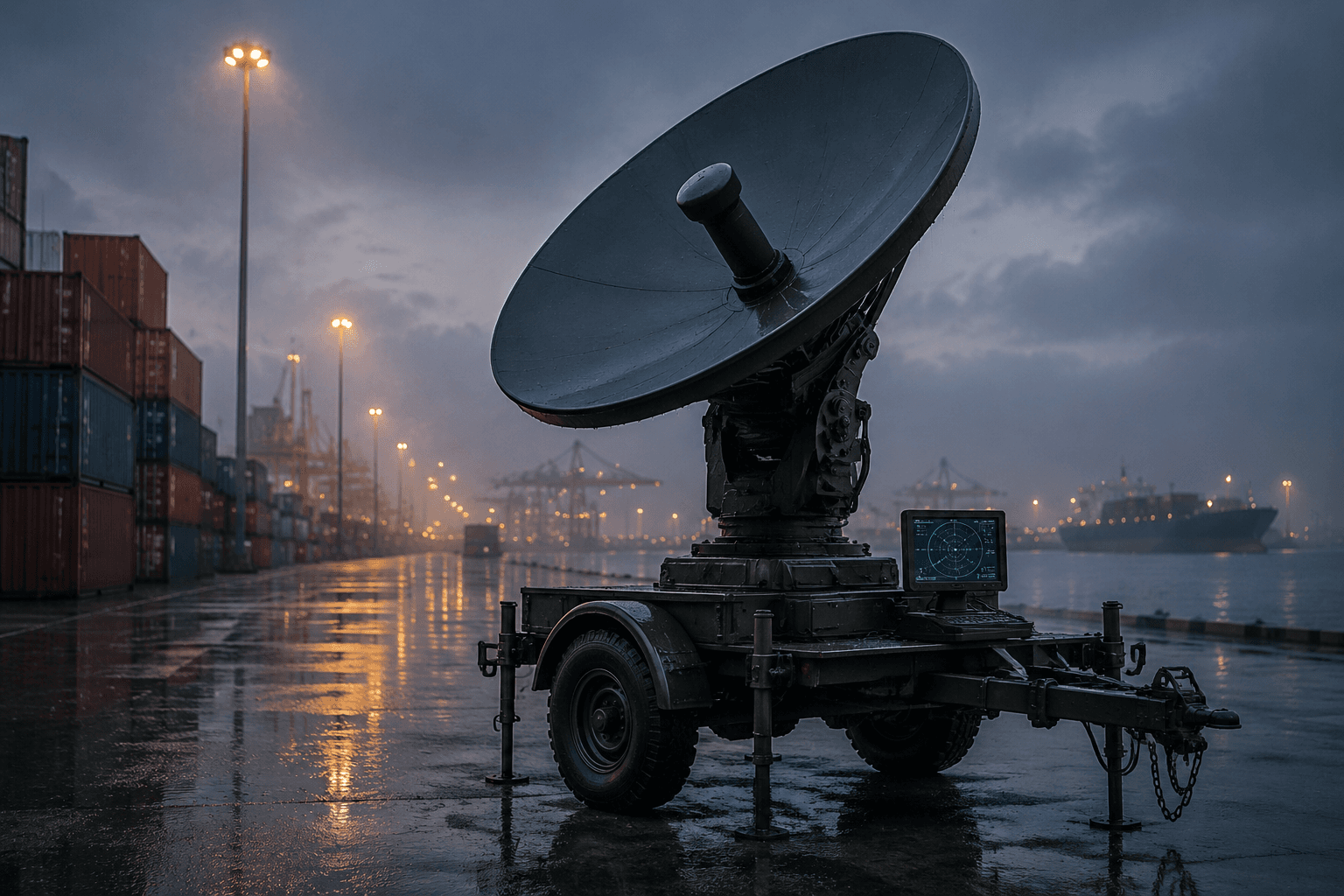 A counter-UAS radar dish on a portable trailer at a port terminal at twilight, light rain on wet concrete with a distant cargo ship silhouette.