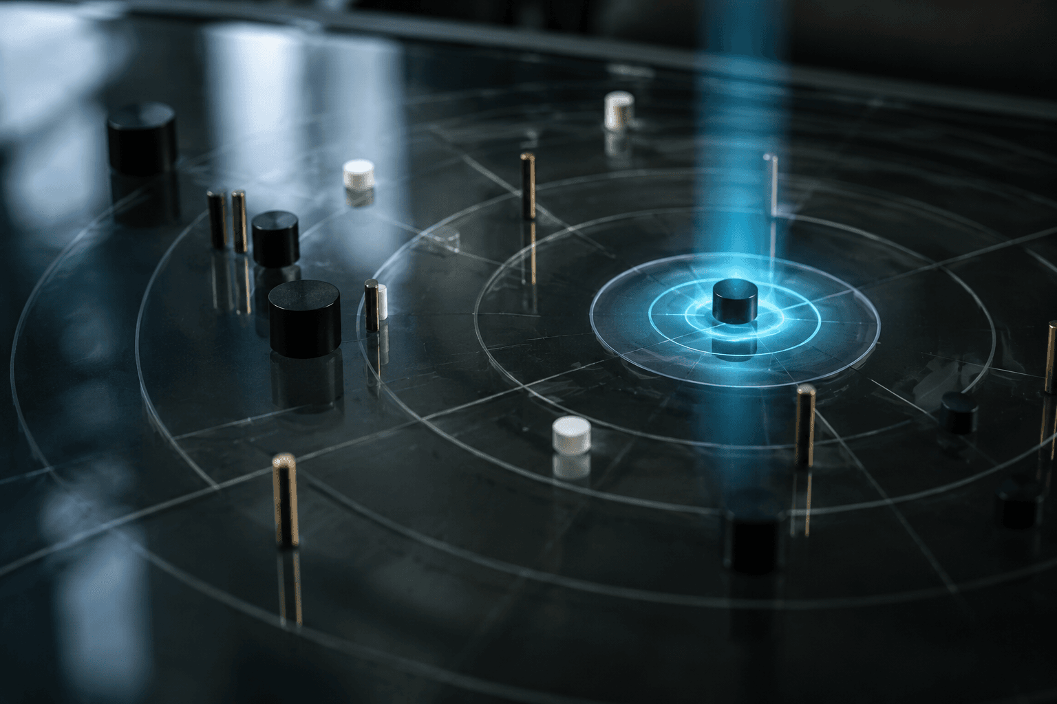 An abstract tactical decision surface, glass tabletop with concentric ring markers, geometric tokens, and a single hovering cyan indicator marking a decision point.
