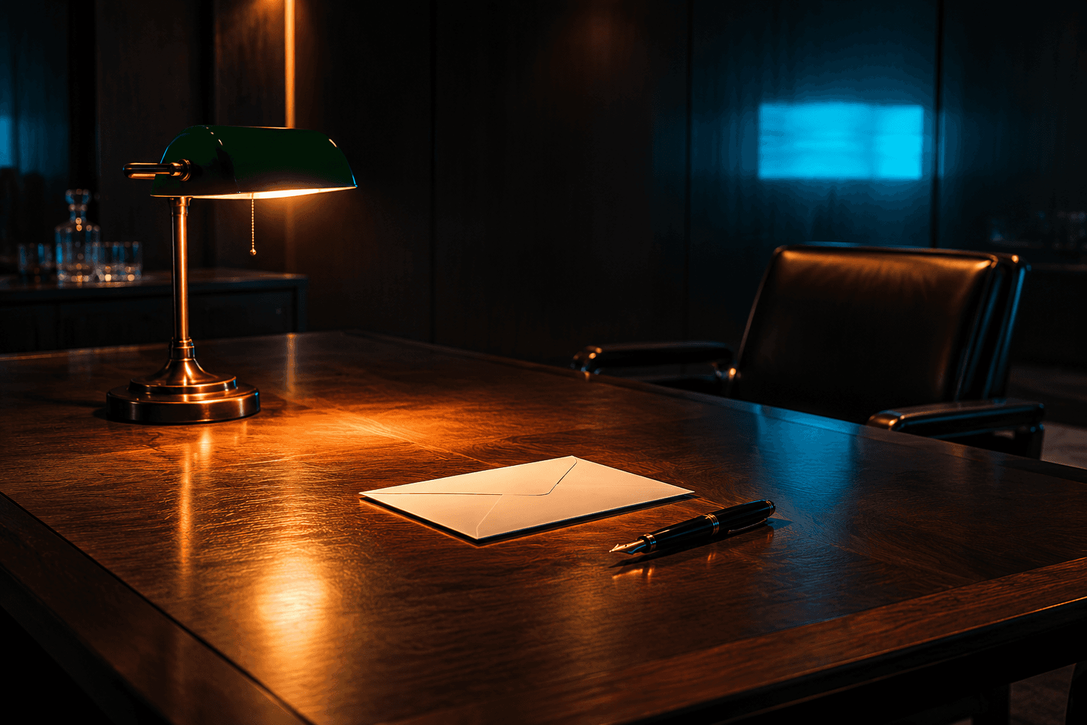 A dimly lit signing room with a single sealed envelope and a fountain pen on a heavy walnut conference table, lit by a warm banker's lamp.