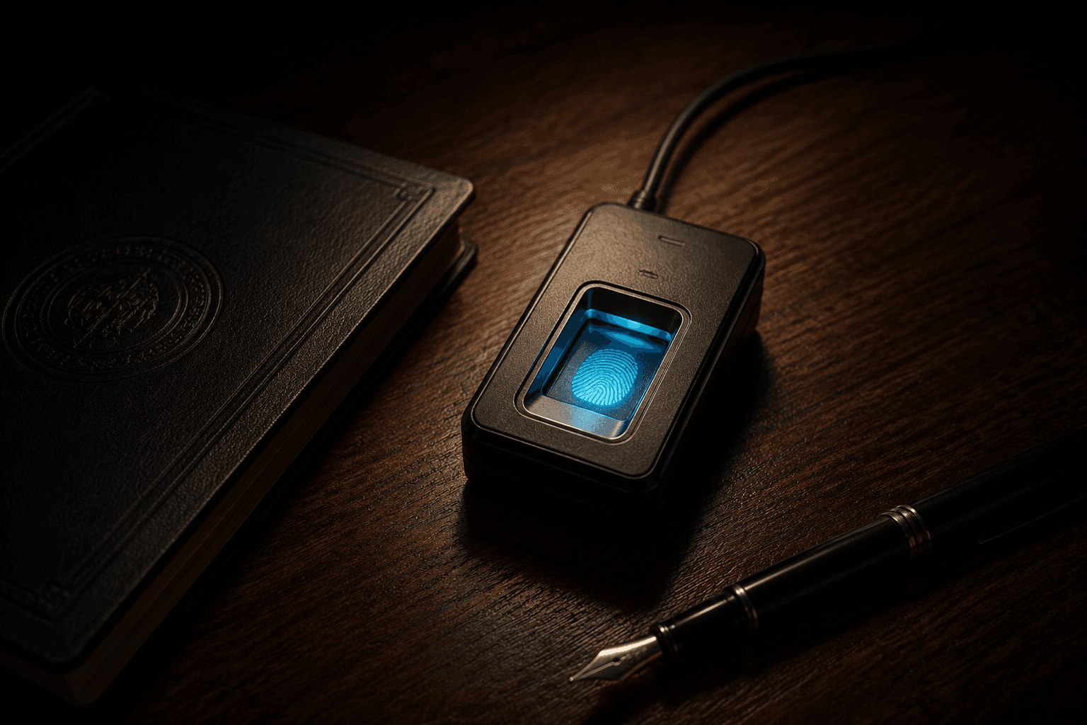 A biometric scanner emitting a faint cyan glow on a polished dark walnut surface beside a closed leather dossier and a fountain pen.